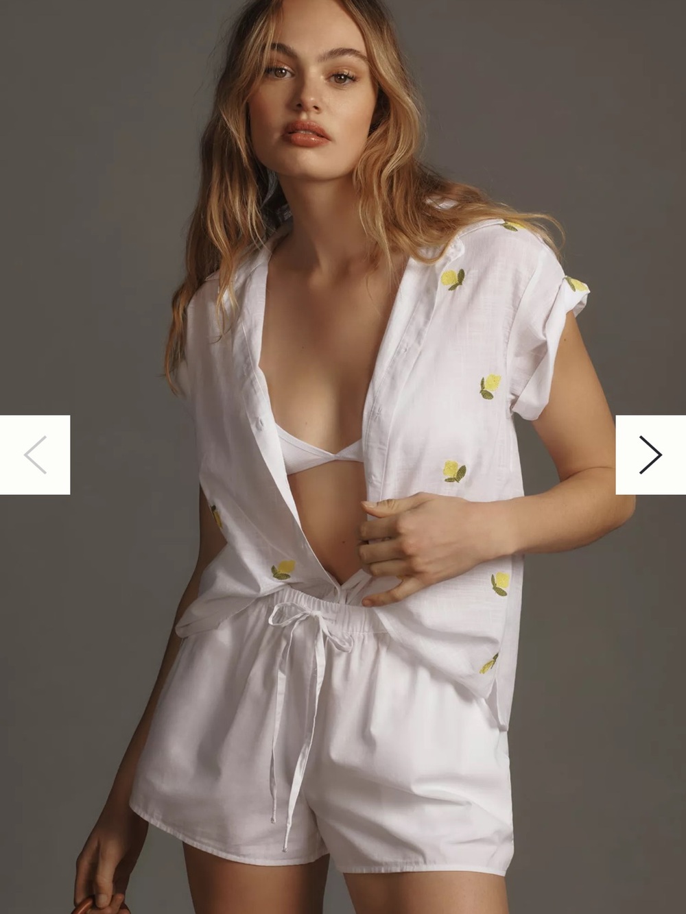 Anthropologie White Button-Front Shirt with Yellow Embroidered Lemons